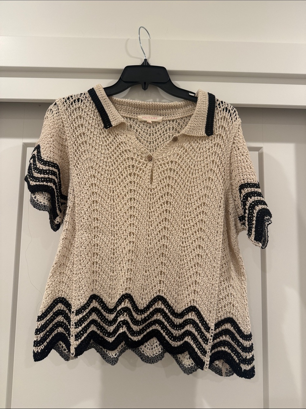 Solitaire Beige Open-Knit Polo Sweater with Black Trim